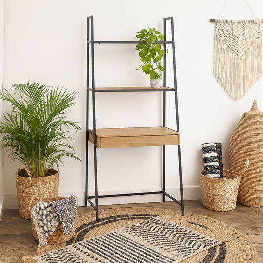 El Paso Black Metal and Wild Oak Veneer Bookcase Desk 1 Drawer 2 Shelves