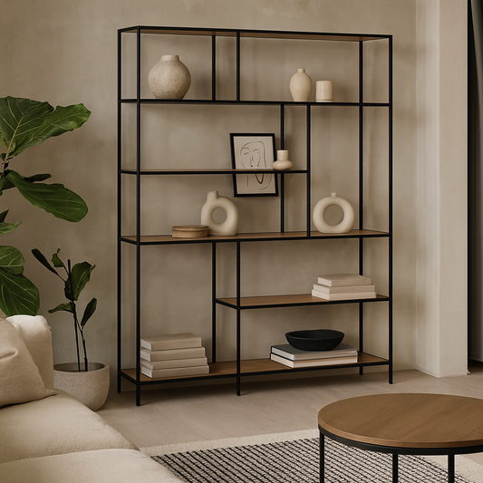 El Paso Asymmetrical  Black Bookcase 5 Wild Oak Effect Shelves