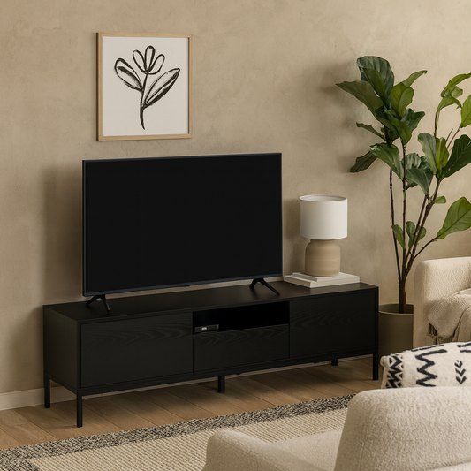 El Paso Black Wooden TV Unit 2 Doors 1 Drawer Metal Base