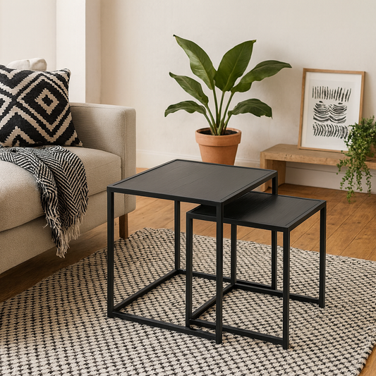 Set of 2 El Paso Black Metal and Veneer Nesting Tables