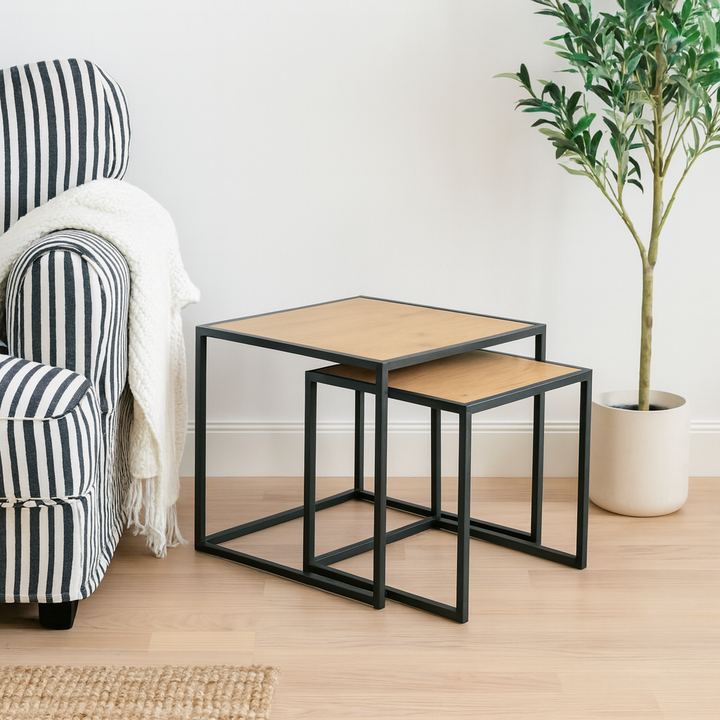 Set of 2 El Paso Black Metal Wild Oak Veneer Nesting Tables