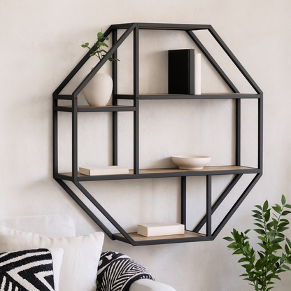 El Paso Black Metal and Wild Oak Veneer Octagonal Wall Shelf 4 Black Wooden Shelves