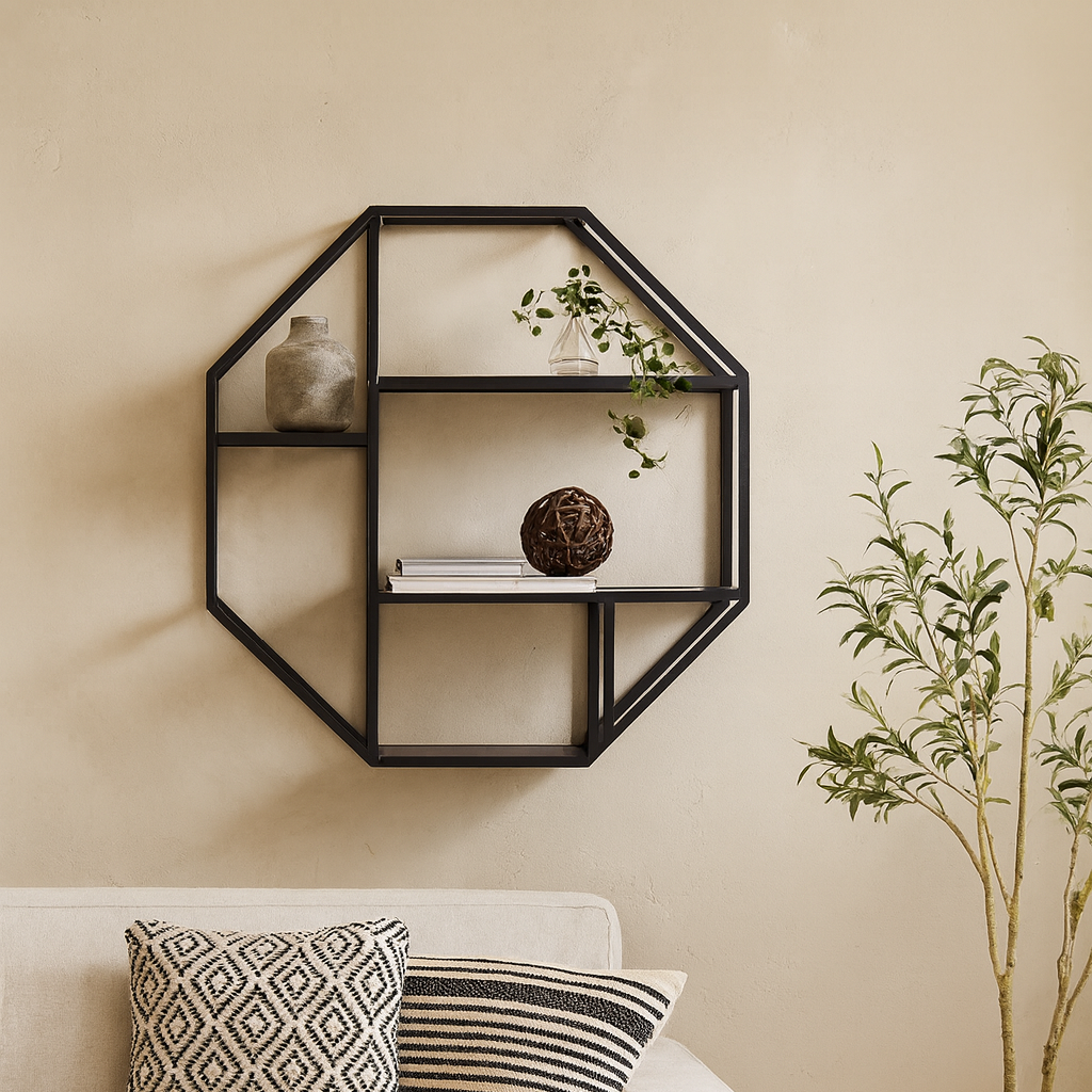 El Paso Black Metal Octagonal Wall Shelf 4 Black Wooden Shelves
