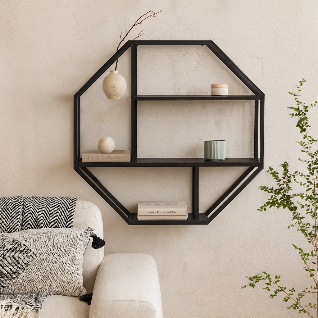 El Paso Black Metal Octagonal Wall Shelf 4 Black Wooden Shelves