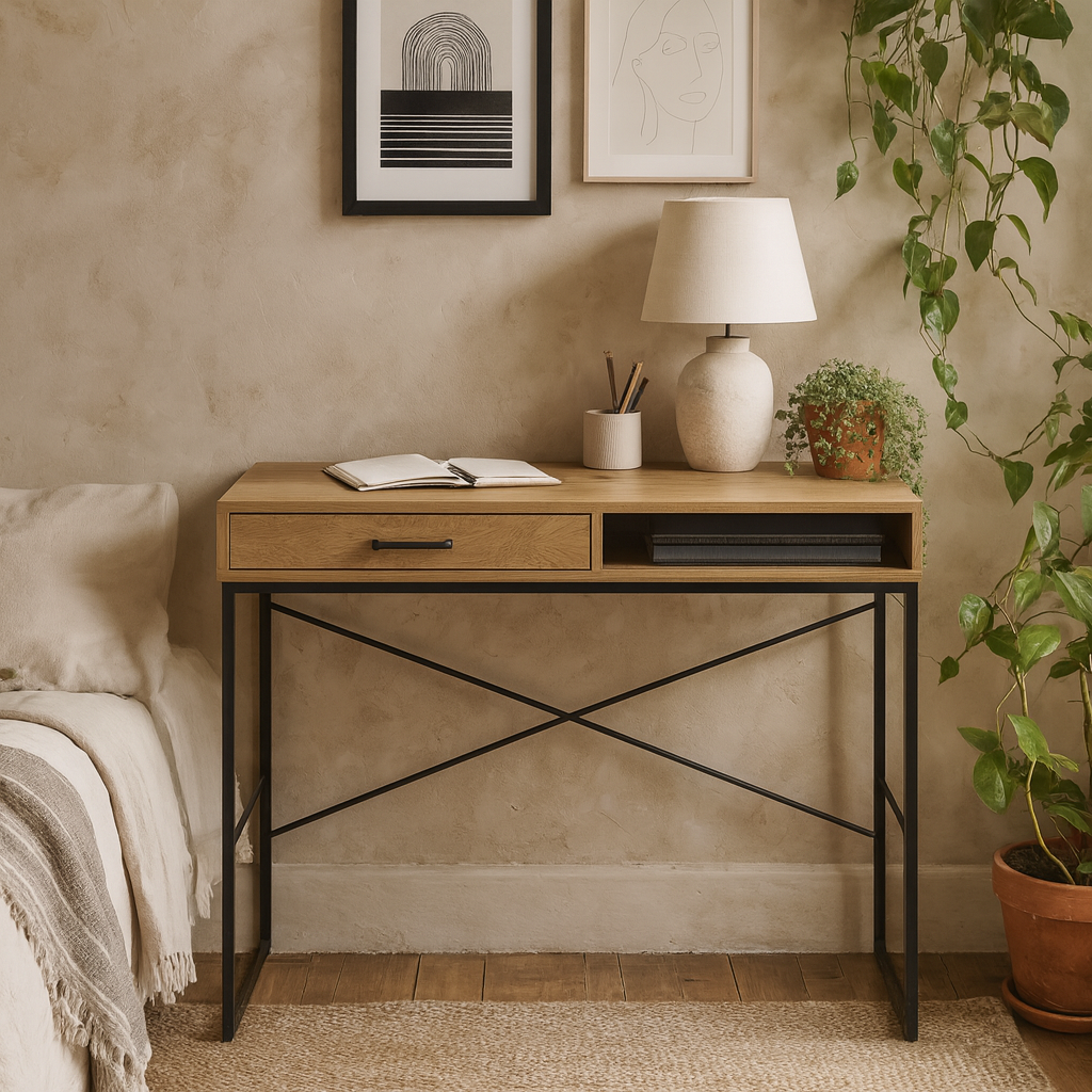 El Paso Office Desk 1 Drawer Black Metal and Wild Oak Effect