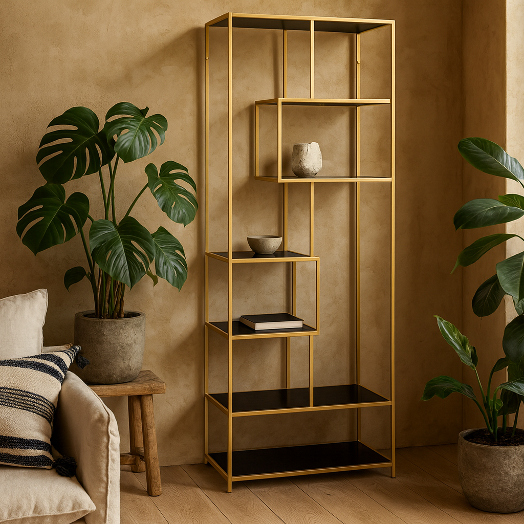 El Paso Gold Asymmetrical  Bookcase 5 Black Wooden Shelves