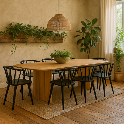 Swansea Oak Veener Dining Set 220cm Table with 6 Black Wooden Chairs