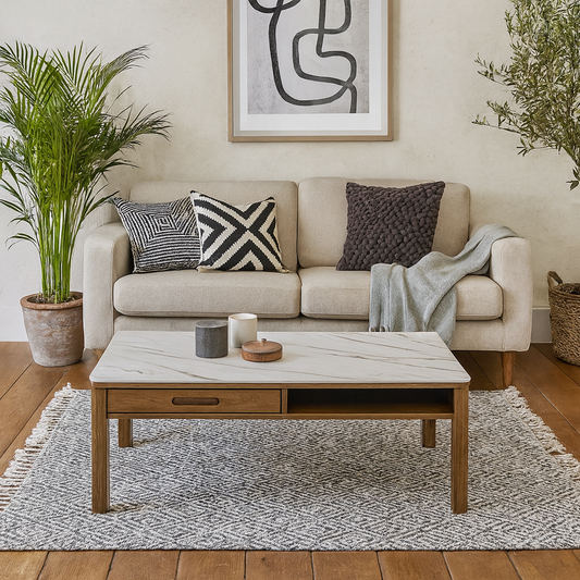 Cork Rectangular Cream Ceramic Coffee Table with Oak Veneer Base