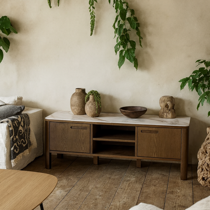Cork Oak Veneer TV Unit with Cream Ceramic Top 2 Drawers 2 Shelves