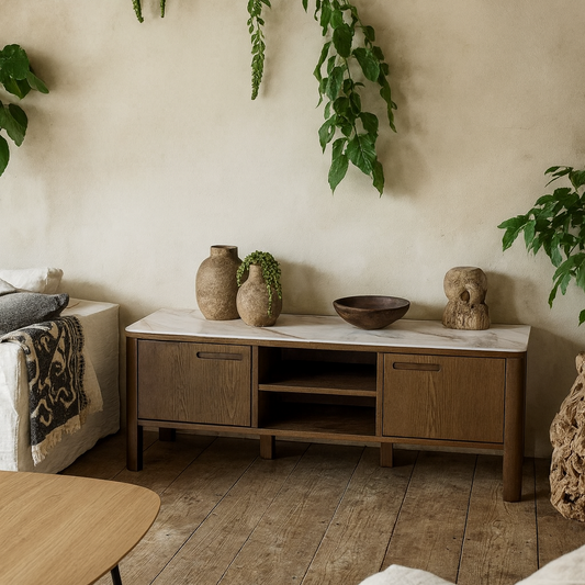 Cork Oak Veneer TV Unit with Cream Ceramic Top 2 Drawers 2 Shelves