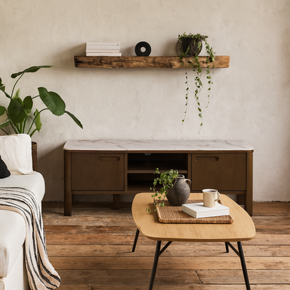 Cork Oak Veneer TV Unit with Cream Ceramic Top 2 Drawers 2 Shelves