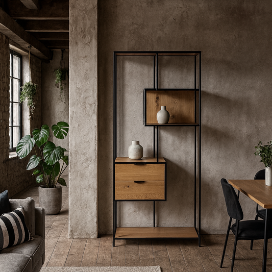 Galway Tall Oak Wood and Metal 2 Drawer 4 Shelves Bookcase