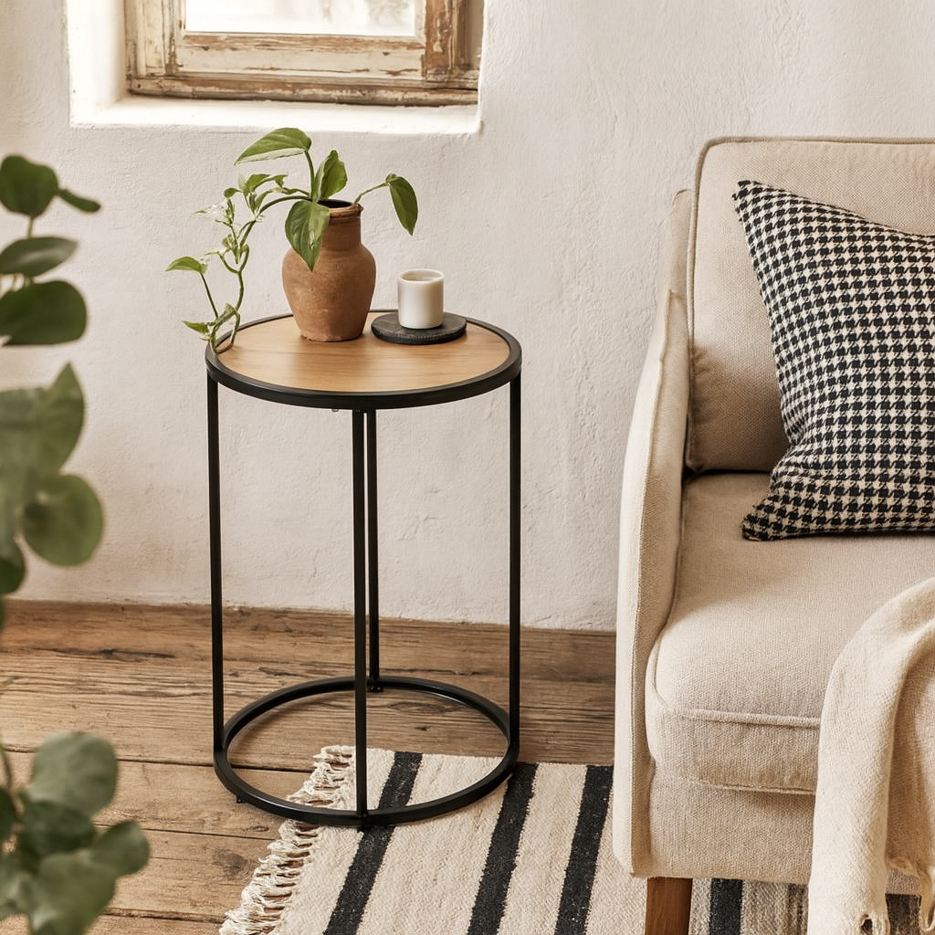 El Paso Black Metal and Wild Oak Veneer Small Round Side Table