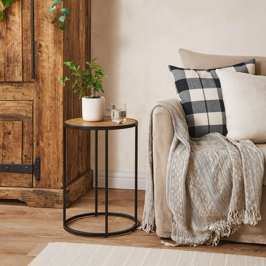 El Paso Black Metal and Wild Oak Veneer Small Round Side Table