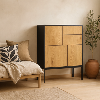 El Paso Black Metal and Wild Oak Veneer 3 Door 2 Drawer Sideboard