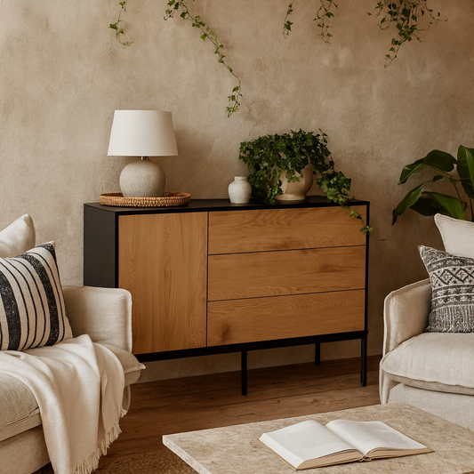 El Paso Black Metal and Wild Oak Veneer 1 Door 3 Drawer Small Sideboard