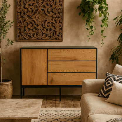 El Paso Black Metal and Wild Oak Veneer 1 Door 3 Drawer Small Sideboard