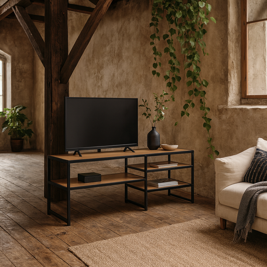 El Paso Black Metal and Wild Oak Veneer Open TV Unit 3 Shelves