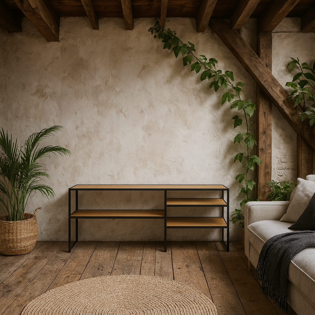 El Paso Black Metal and Wild Oak Veneer Open TV Unit 3 Shelves