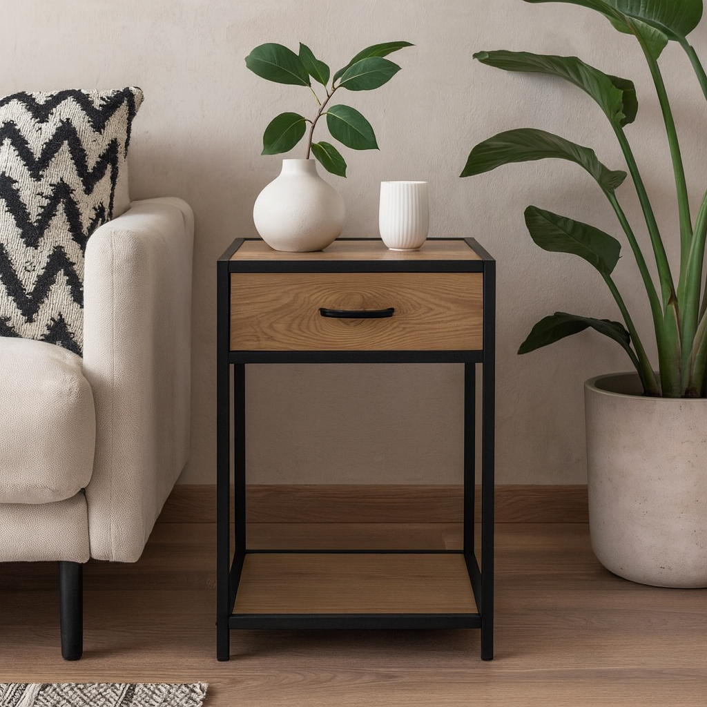 El Paso Black and Wild Oak Bedside Table 1 Drawer