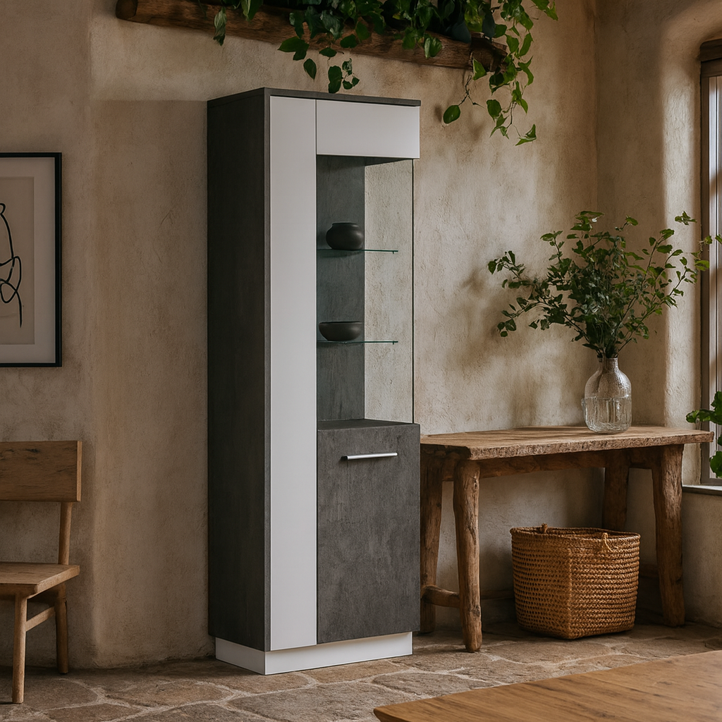 Nantes Grey and White Tall Glazed Display Cabinet Right Hand with LED Lighting