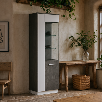 Nantes Grey and White Tall Glazed Display Cabinet Right Hand with LED Lighting