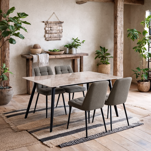 Belfast Brown Ceramic Dining Table with Black Base and 4 Taupe Chairs