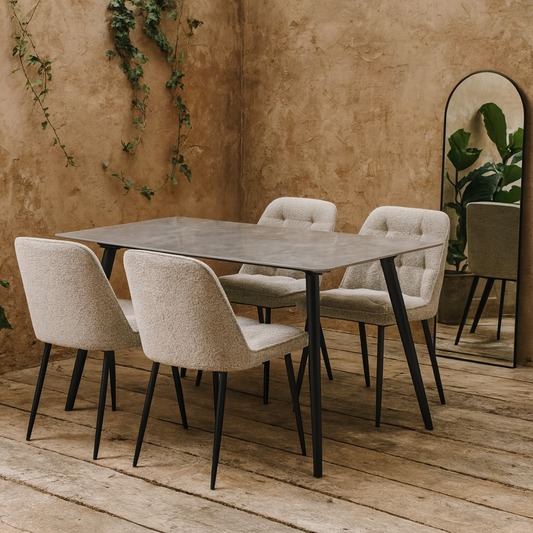 Belfast Grey Ceramic Dining Table Set 4 Seater with Taupe Chairs