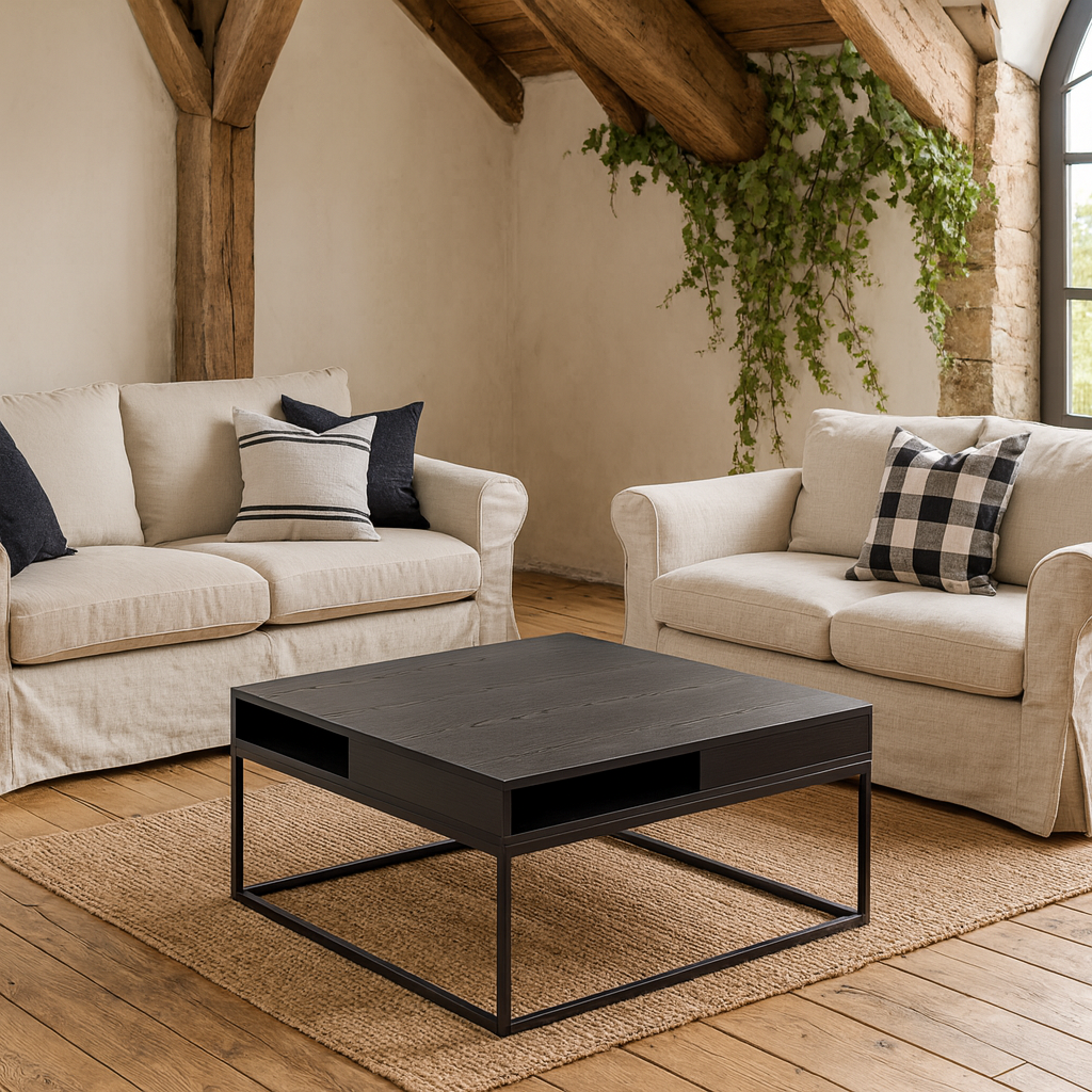 Pisa Square Black Coffee Table Steel Base Open Storage