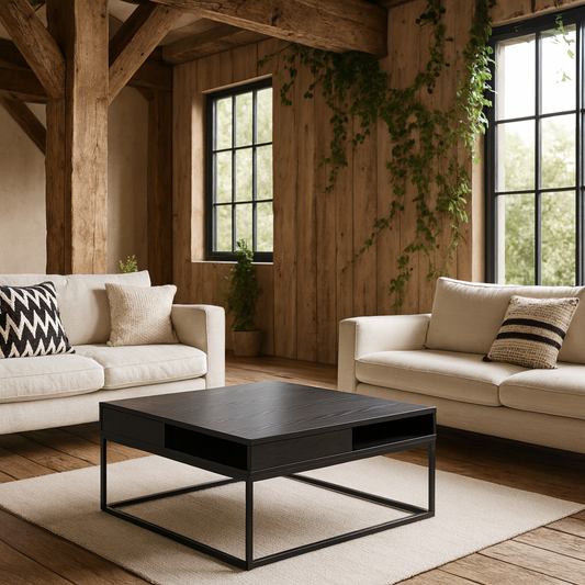 Pisa Square Black Coffee Table Steel Base Open Storage