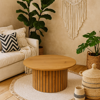 Rome Round Wild Oak Effect Coffee Table with Lamella Pillar Base