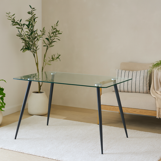 Venice 6 Seater Rectangular Tempered Glass Dining Table  Black Steel Legs