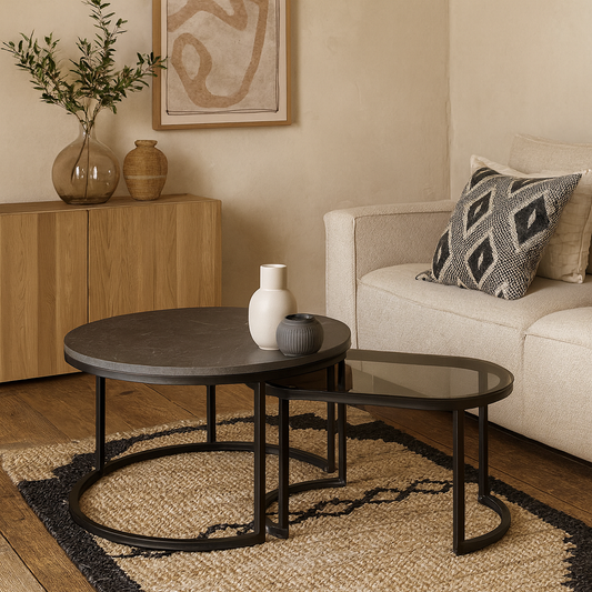 Reykjavik Black Marble Effect and Glass Coffee Table Set Black Metal Legs