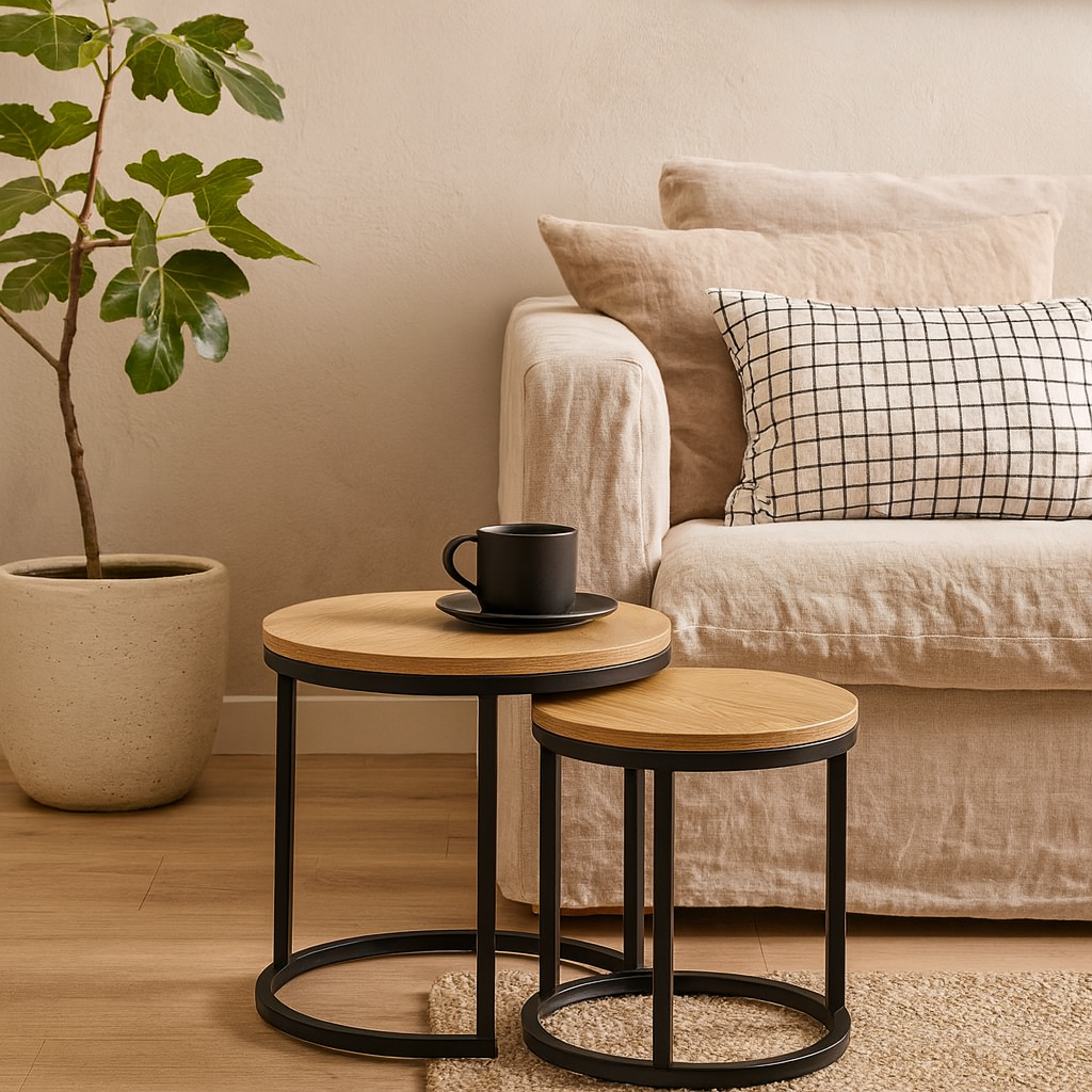 Odense Wild Oak Effect Nesting Table Set Black Steel Legs