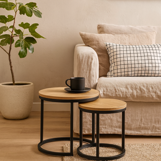 Odense Wild Oak Effect Nesting Table Set Black Steel Legs