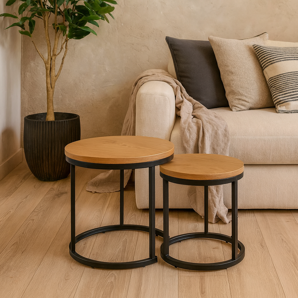 Odense Wild Oak Effect Nesting Table Set Black Steel Legs