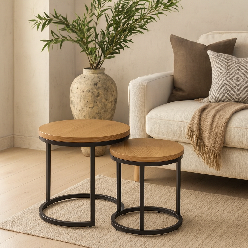 Odense Wild Oak Effect Nesting Table Set Black Steel Legs