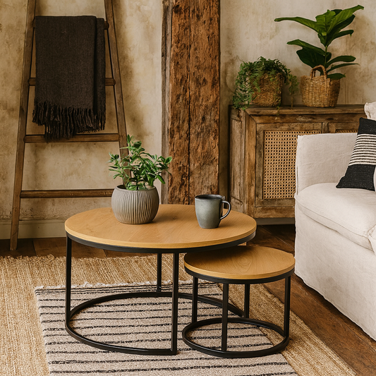 Odense Wild Oak Effect Round Nesting Coffee Table Set Black Metal Legs