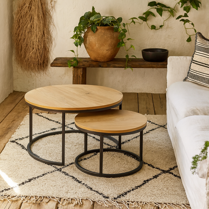 Odense Wild Oak Effect Round Nesting Coffee Table Set Black Metal Legs