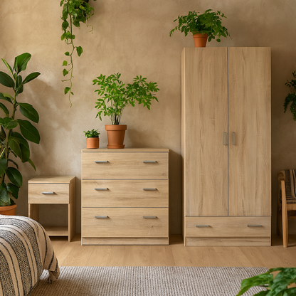 Berlin Natural Bedroom Furniture Set with Bedside Chest of Drawers and Wardrobe