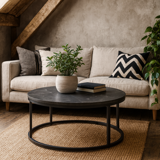 Odense Round Black Marble Effect Coffee Table Black Metal Legs