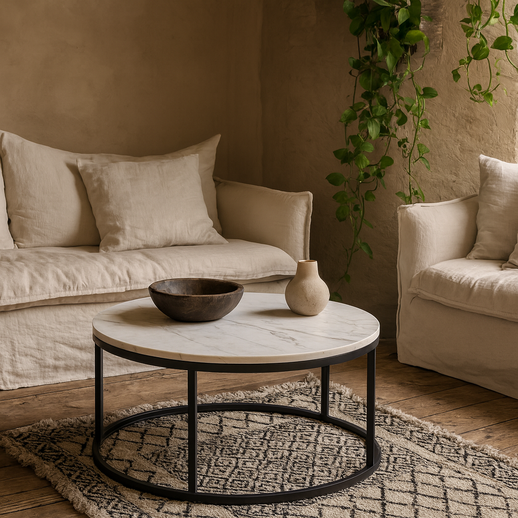 Odense Round White Marble Effect Coffee Table Black Metal Legs