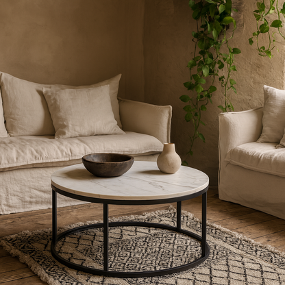 Odense Round White Marble Effect Coffee Table Black Metal Legs