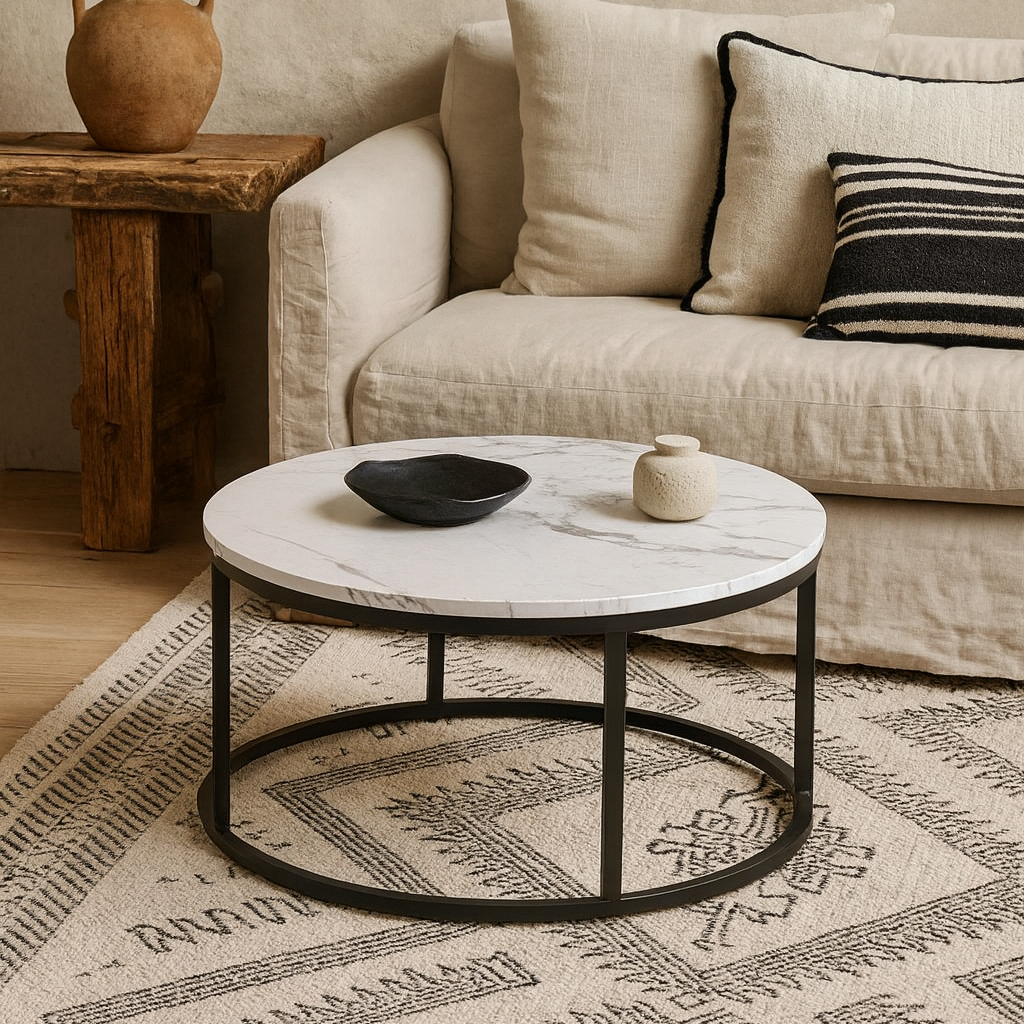 Odense Round White Marble Effect Coffee Table Black Metal Legs
