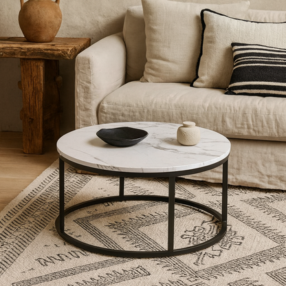 Odense Round White Marble Effect Coffee Table Black Metal Legs