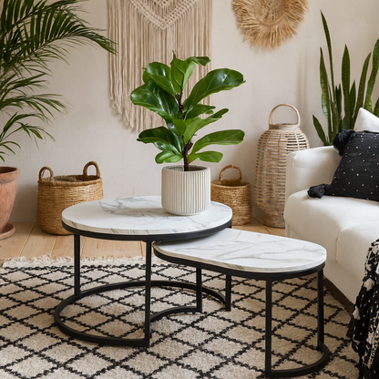 Copenhagen Round White Marble Effect Nesting Coffee Table Set Black Metal Legs