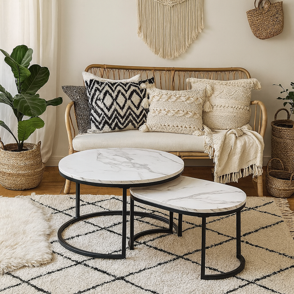 Copenhagen Round White Marble Effect Nesting Coffee Table Set Black Metal Legs