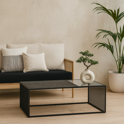 Porto Organic Rectangular Coffee Table Stone Effect and Glass Top