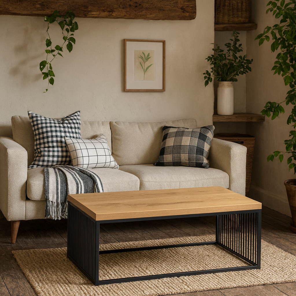 Porto Wild Oak Effect Coffee Table Black Steel Wire Base