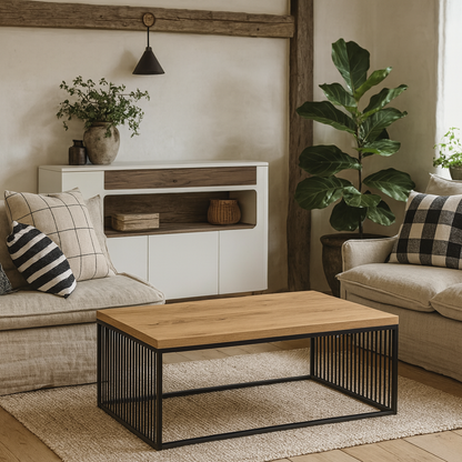 Porto Wild Oak Effect Coffee Table Black Steel Wire Base